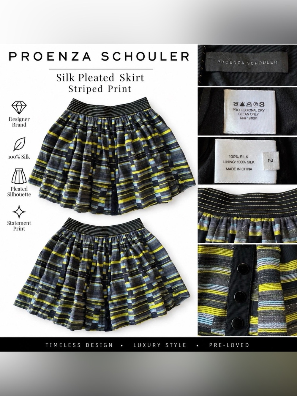 Proenza Schouler Silk Pleated Skirt Size 2 Striped Yellow Blue Black $890 MSRP